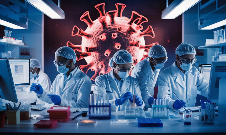 Researchers conducting decentralized clinical trials during the COVID-19 era, highlighting the shift toward remote and digital research models.