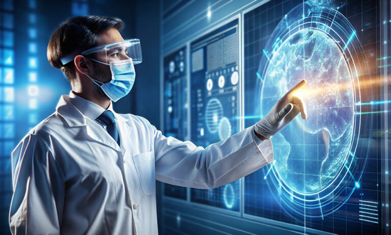 Researcher using digital technology to manage global decentralized clinical trials, representing the future of clinical research.