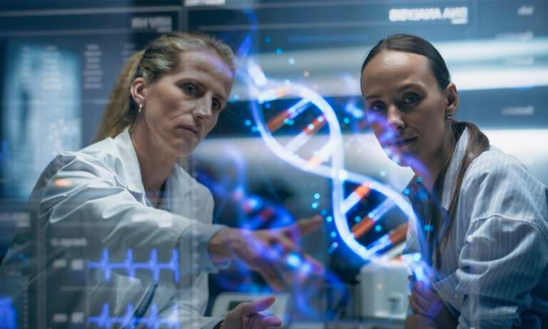 Scientists analyzing genetic data using generative AI technology to explore future innovations in clinical research.