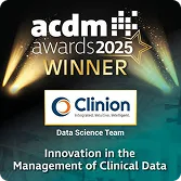 Clinion ACDM Awards 2025 Winner badge for excellence in clinical data management and innovation