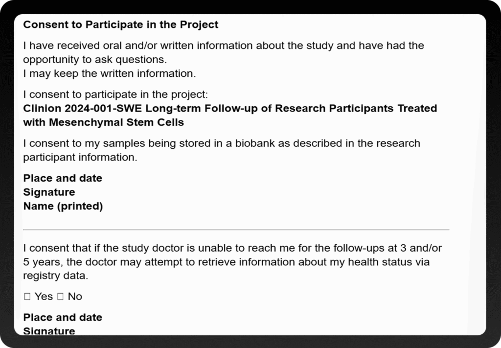 a tablet screen for a clinical research study titled Clinion 2024-001-SWE.