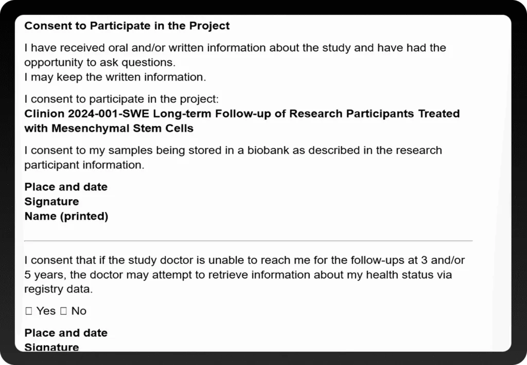 a tablet screen for a clinical research study titled Clinion 2024-001-SWE.