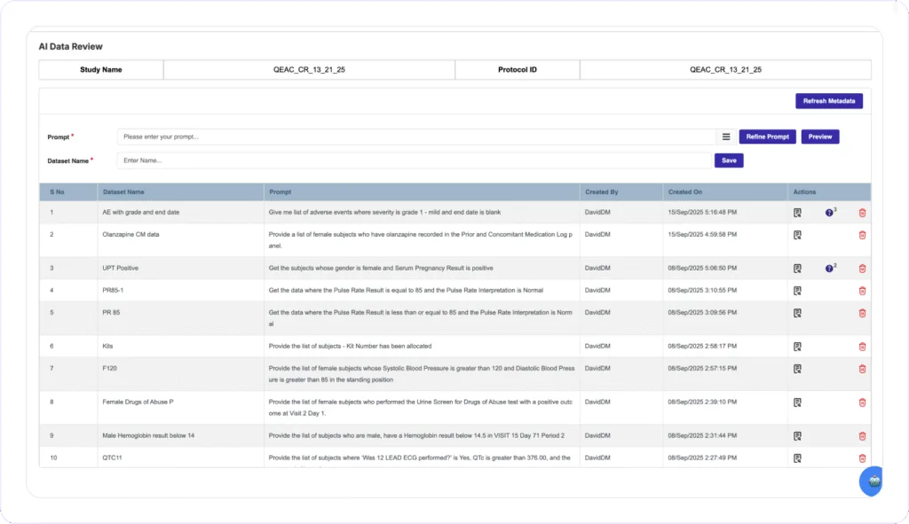 Clinion EDC system AI Data Review interface.