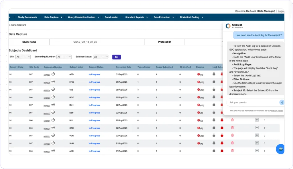 Clinion software's CliniBot AI assistant interface.