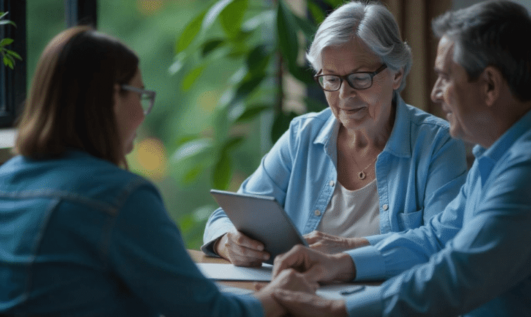 ePRO guide visual: Older woman using a digital tablet with two people