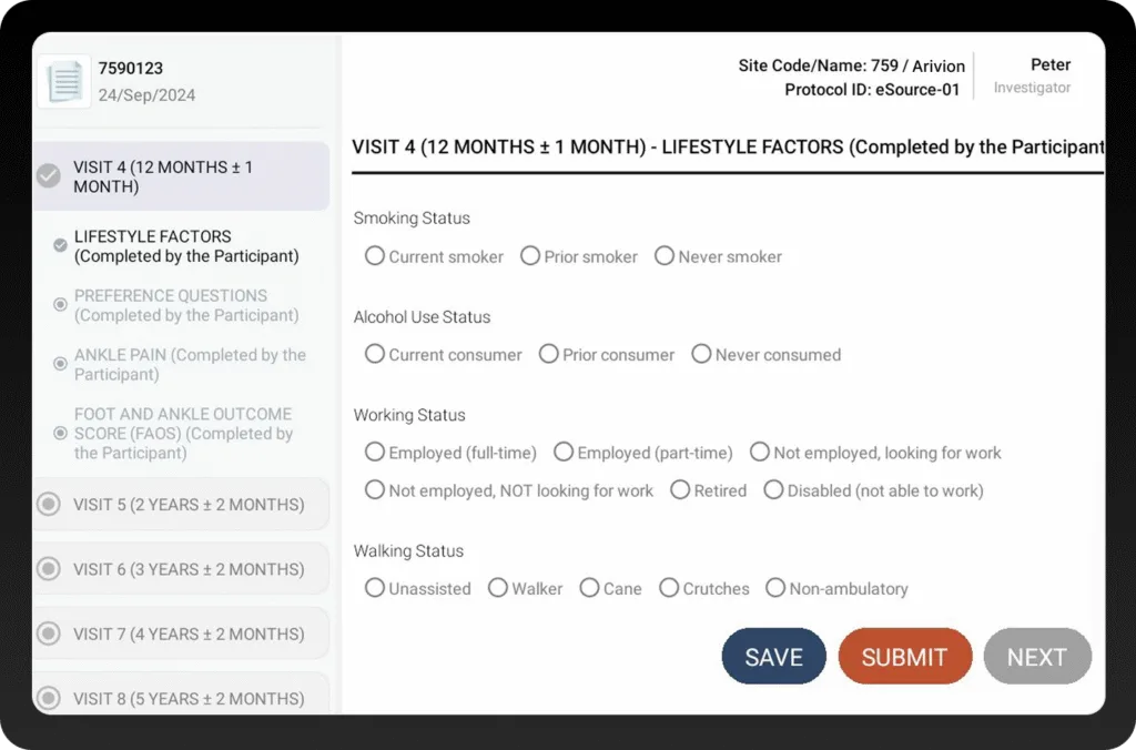 Clinion eSource software interface on a tablet, showing a LIFESTYLE FACTORS