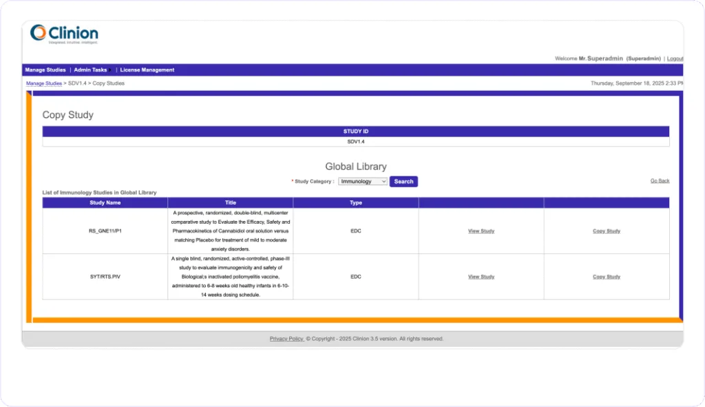 Clinion EDC software Global Library interface.