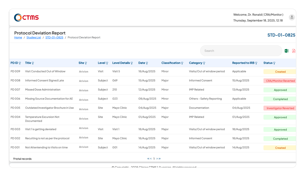 Clinion CTMS Protocol Deviation Report screen.