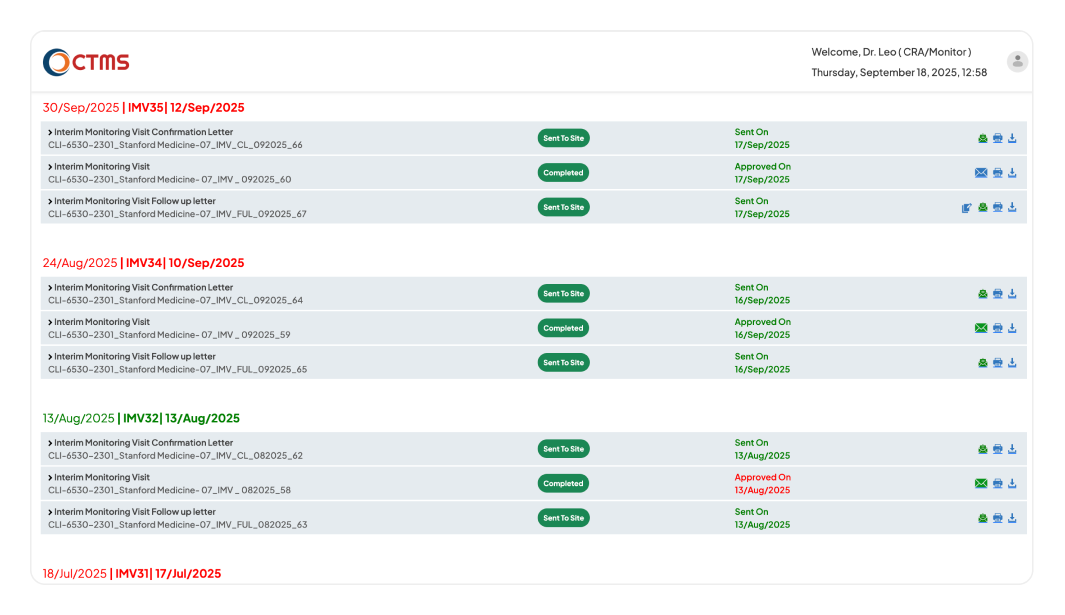 Clinion CTMS Reports & Letters screen, showing a list of interim monitoring visit documents.