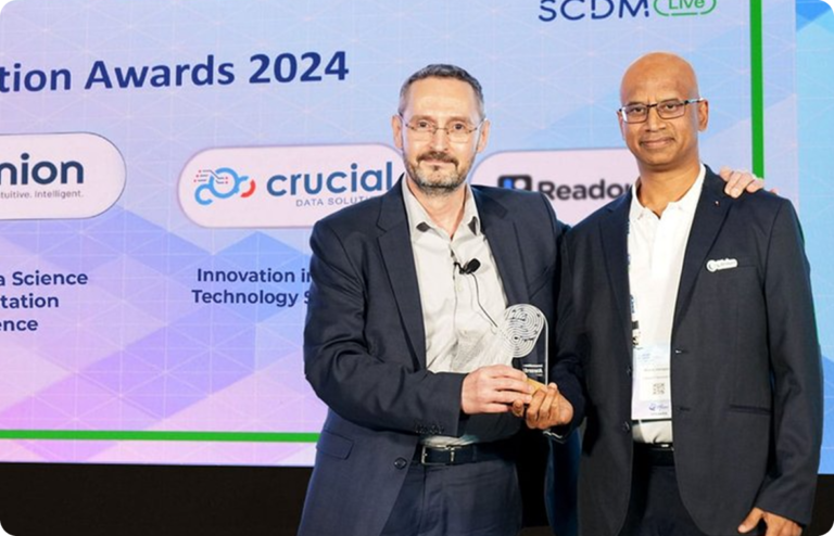 As pioneers in AI-driven clinical trial technology, Clinion CEO manuj vangipurapu receiving SCDM 2024 innovation award