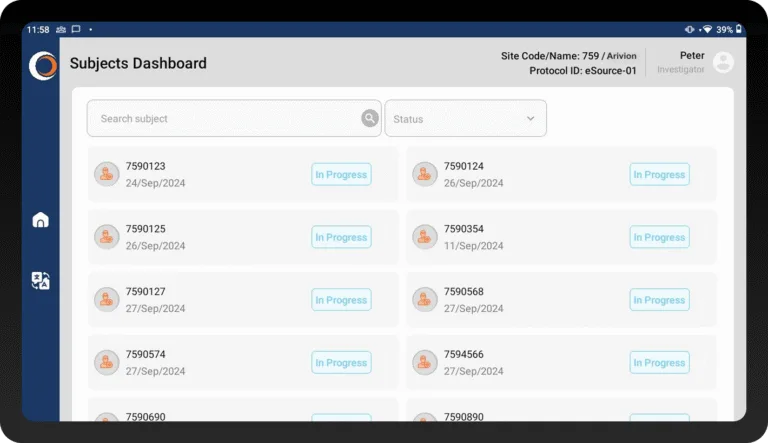 Clinion eSource software Subjects Dashboard displaying study participants, visit statuses, and site-level tracking