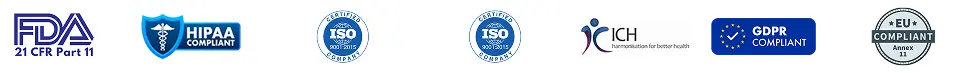 Clinion regulatory compliance badges including FDA 21 CFR Part 11, HIPAA, ISO 9001, ISO 27001, GDPR, ICH, and EU Annex 11