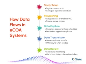 Infographic showing how data flows in eCOA systems from study setup to data review in clinical trials