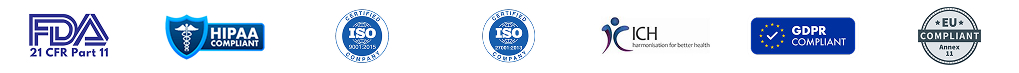 Clinion regulatory compliance badges including FDA 21 CFR Part 11, HIPAA, ISO 9001, ISO 27001, GDPR, ICH, and EU Annex 11