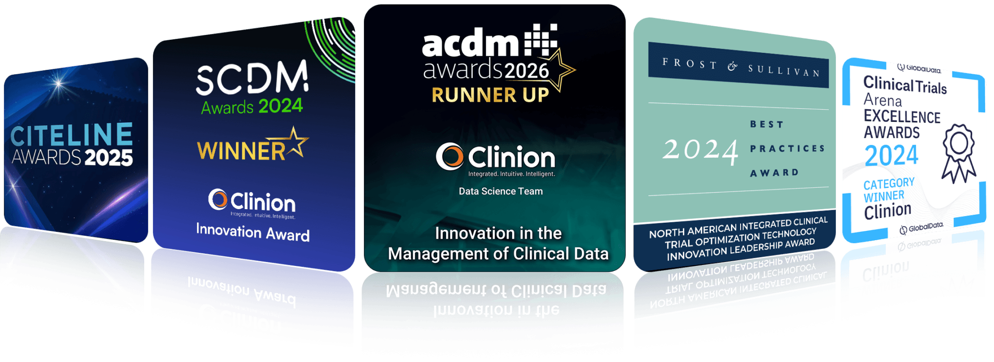 Clinion homepage hero image showing industry awards from Citeline, SCDM, ACDM, Frost & Sullivan, and Clinical Trials Arena for eClinical platform innovation and clinical data management.