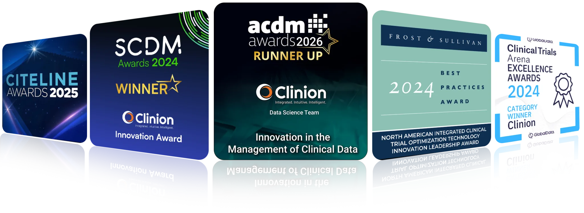 Clinion homepage hero image showing industry awards from Citeline, SCDM, ACDM, Frost & Sullivan, and Clinical Trials Arena for eClinical platform innovation and clinical data management.