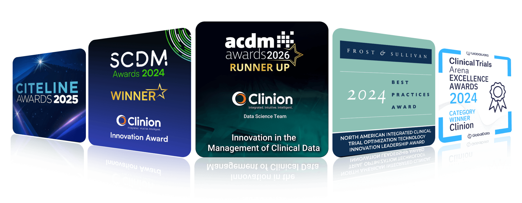 Clinion homepage hero image showing industry awards from Citeline, SCDM, ACDM, Frost & Sullivan, and Clinical Trials Arena for eClinical platform innovation and clinical data management.