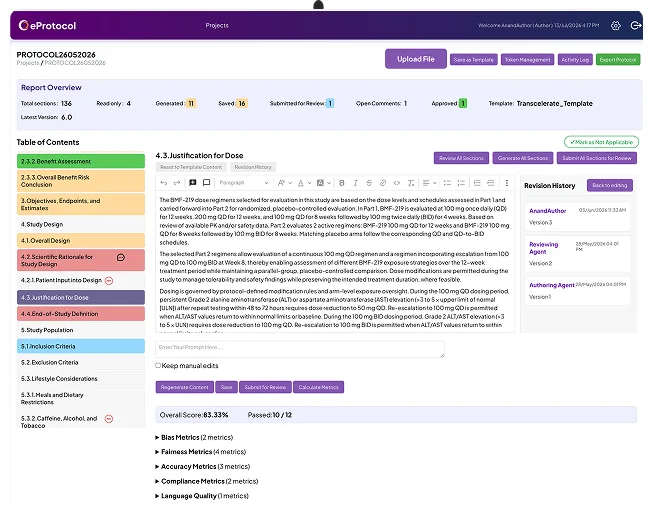 Clinion eProtocol workspace showing AI-assisted protocol section review, revision history and quality metrics
