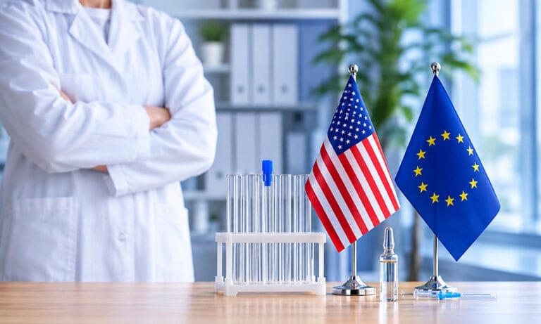 US and EU clinical trial regulatory comparison with laboratory samples, flags, and researcher representing FDA and EU requirements.