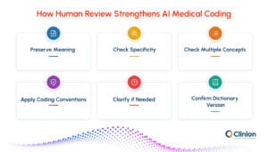 Human review in AI medical coding, showing how coders preserve meaning, check specificity, identify multiple concepts, apply coding conventions, clarify when needed, and confirm dictionary versions.